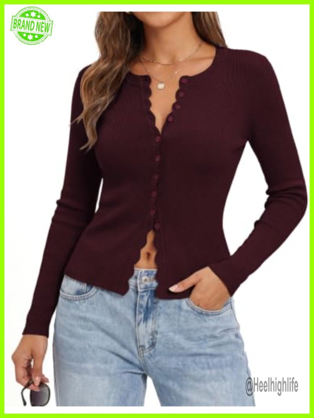 Cropped Cardigan Button Up Scalloped Slim Fit Lightweight Knit Sweater